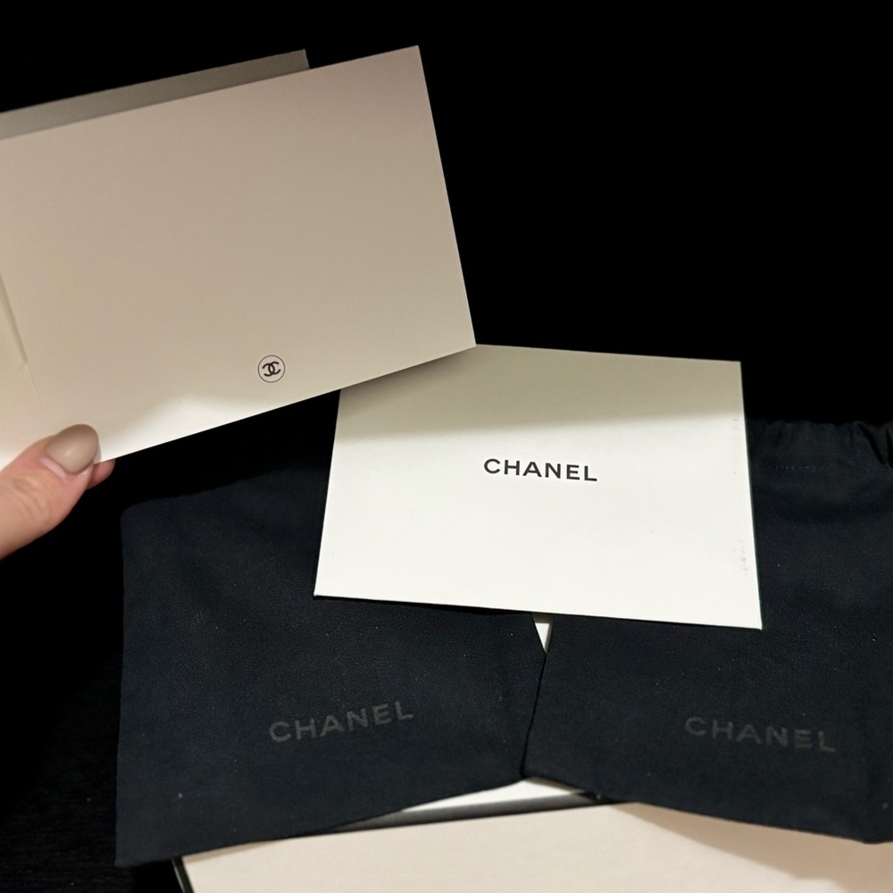 2 small CHANEL Black Dust Bags with White Logo Cards & envelopes